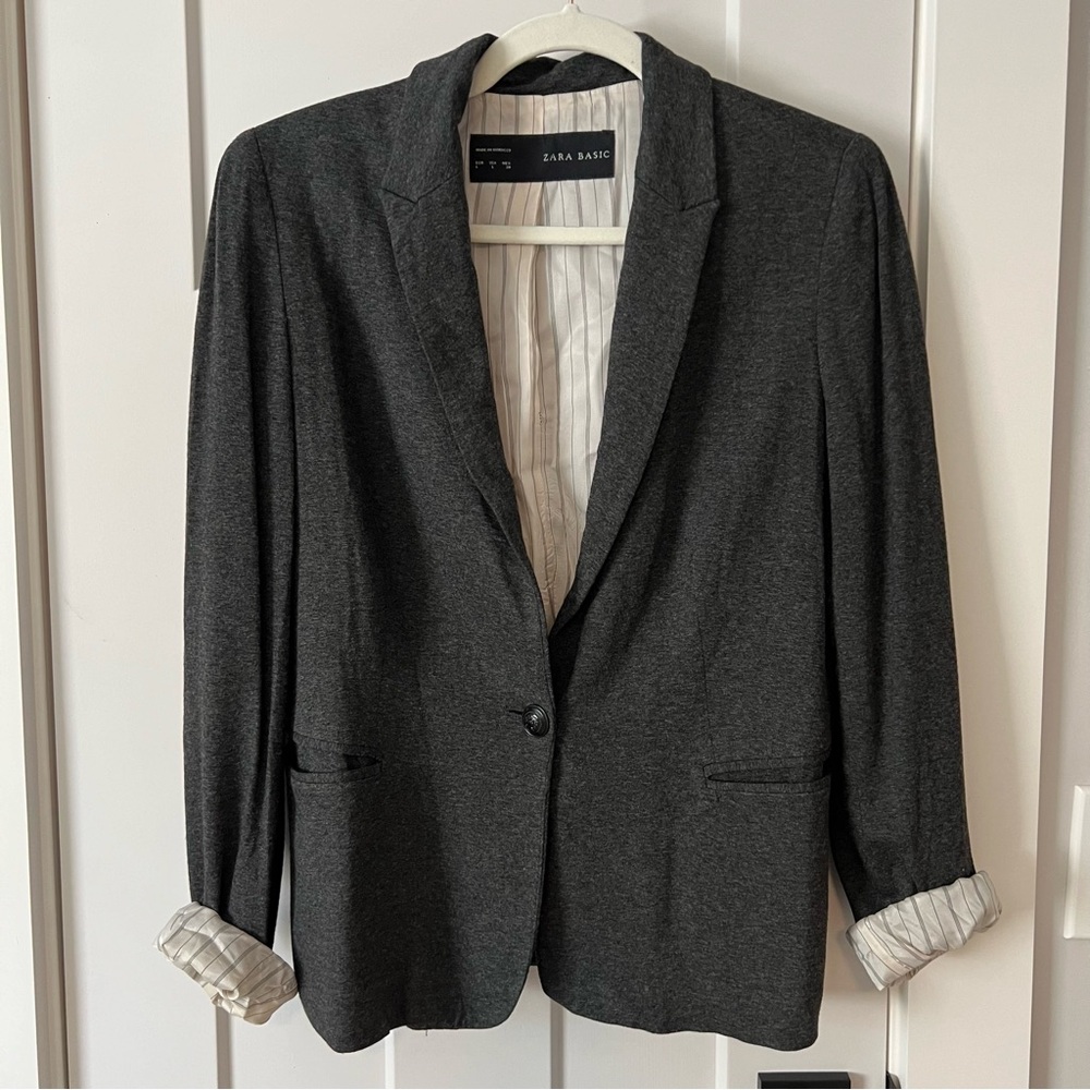 Zara Basic Gray Blazer, L. Slim lapel w/ single button closure & 2 front pockets